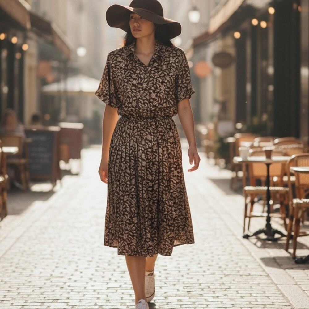 Vintage 80's Willy’s Influence pleated leaf pattern blouson midi dress
